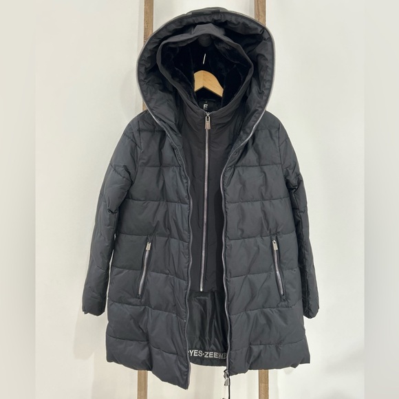 YES ZEE Black Hooded Down Puffer Coat Removable Inner Vest Women’s Size XS NWT - Picture 2 of 10